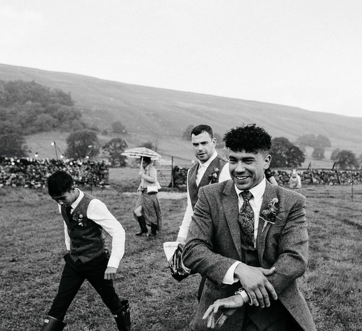 Groomsmen in Tweed Suit | Brightly Coloured Festival Wedding with Outdoor Humanist Ceremony &amp; Tipi Reception on the Yorkshire Dales | Tim Dunk Photography