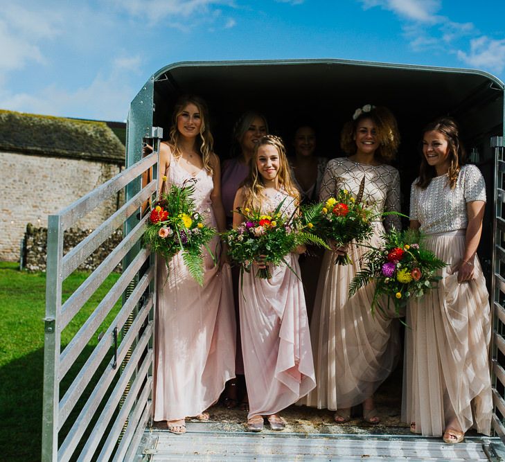 Bridal Party |  Bride in Daughters of Simone Lace Gown | Bridesmaids in Blush Separates | Brightly Coloured Festival Wedding with Outdoor Humanist Ceremony &amp; Tipi Reception on the Yorkshire Dales | Tim Dunk Photography