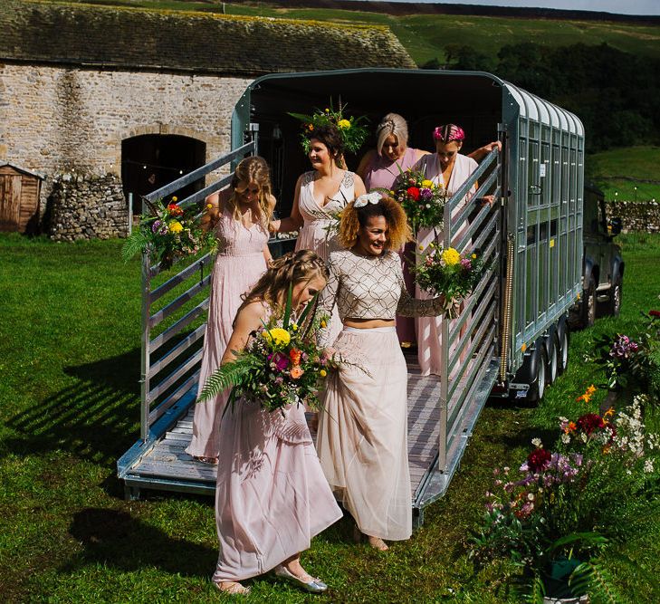 Bridal Party |  Bride in Daughters of Simone Lace Gown | Bridesmaids in Blush Separates | Brightly Coloured Festival Wedding with Outdoor Humanist Ceremony &amp; Tipi Reception on the Yorkshire Dales | Tim Dunk Photography