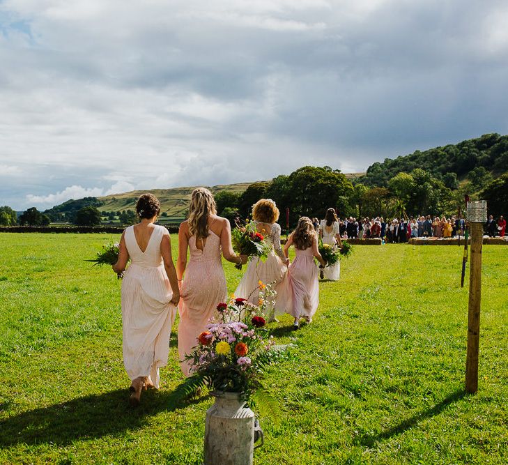 Bridal Party |  Bride in Daughters of Simone Lace Gown | Bridesmaids in Blush Separates | Brightly Coloured Festival Wedding with Outdoor Humanist Ceremony &amp; Tipi Reception on the Yorkshire Dales | Tim Dunk Photography