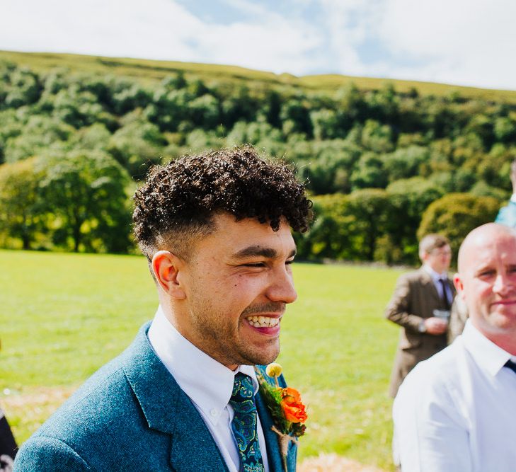 Wedding Ceremony |  Groom at the Altar in Tweed Suit | Brightly Coloured Festival Wedding with Outdoor Humanist Ceremony &amp; Tipi Reception on the Yorkshire Dales | Tim Dunk Photography