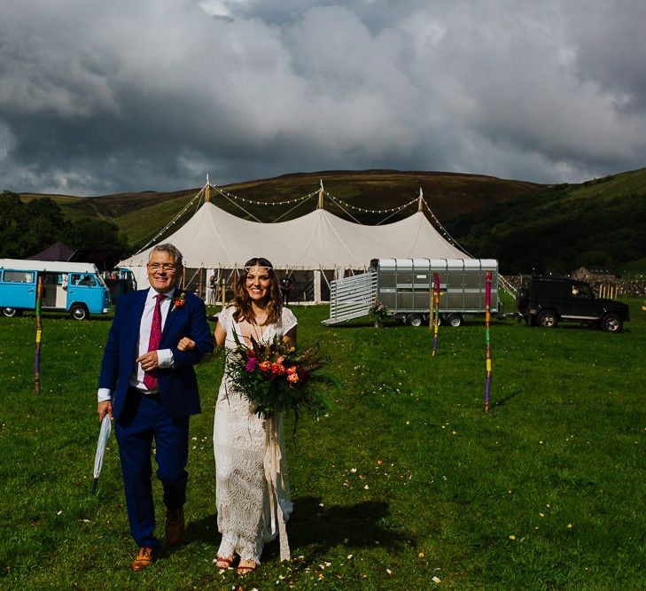 Wedding Ceremony |  Bridal Entrance  in Daughters of Simone Lace Gown | Brightly Coloured Festival Wedding with Outdoor Humanist Ceremony &amp; Tipi Reception on the Yorkshire Dales | Tim Dunk Photography