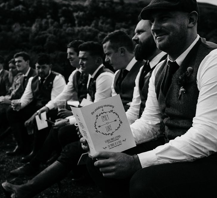 Wedding Ceremony |  Groomsmen in Tweed Suit | Brightly Coloured Festival Wedding with Outdoor Humanist Ceremony &amp; Tipi Reception on the Yorkshire Dales | Tim Dunk Photography