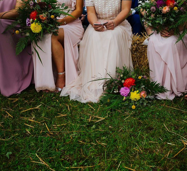 Bridal Party | Bridesmaids in Blush Separates | Brightly Coloured Festival Wedding with Outdoor Humanist Ceremony &amp; Tipi Reception on the Yorkshire Dales | Tim Dunk Photography