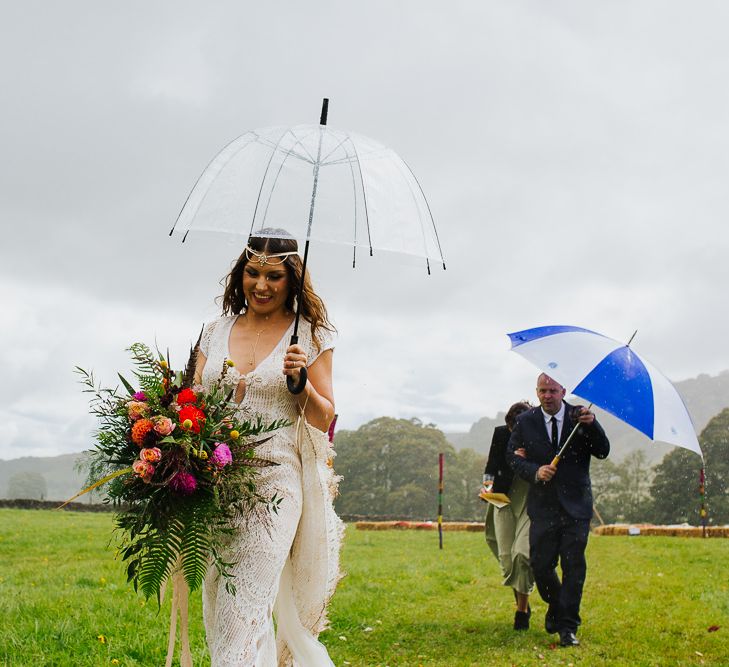 Bride in Daughters of Simone Lace Gown |  Brightly Coloured Festival Wedding with Outdoor Humanist Ceremony &amp; Tipi Reception on the Yorkshire Dales | Tim Dunk Photography