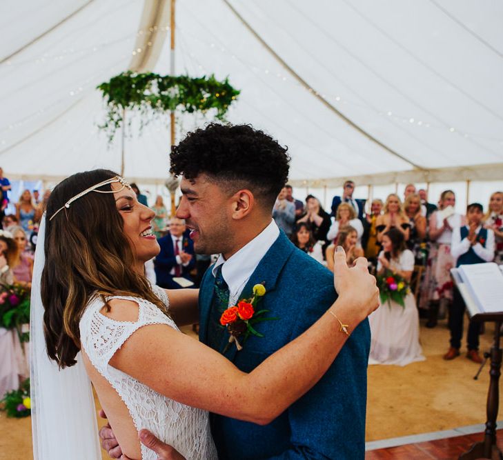 Wedding Ceremony |  Bride in Daughters of Simone Lace Gown | Groom in Tweed Suit | Brightly Coloured Festival Wedding with Outdoor Humanist Ceremony &amp; Tipi Reception on the Yorkshire Dales | Tim Dunk Photography