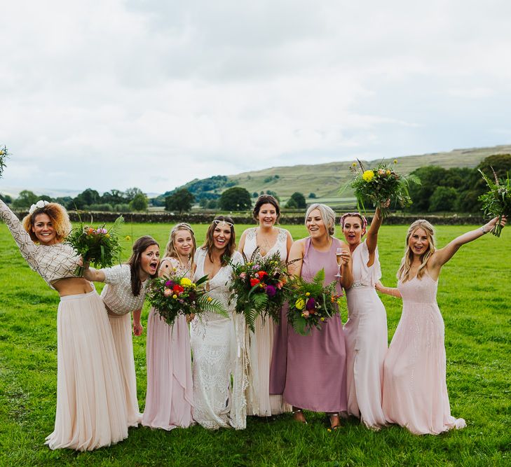 Bridal Party |  Bride in Daughters of Simone Lace Gown | Bridesmaids in Blush Separates | Brightly Coloured Festival Wedding with Outdoor Humanist Ceremony &amp; Tipi Reception on the Yorkshire Dales | Tim Dunk Photography