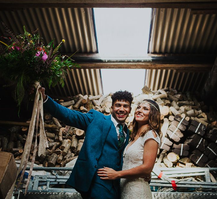 Bride in Daughters of Simone Lace Gown | Groom in Tweed Suit | Brightly Coloured Festival Wedding with Outdoor Humanist Ceremony &amp; Tipi Reception on the Yorkshire Dales | Tim Dunk Photography