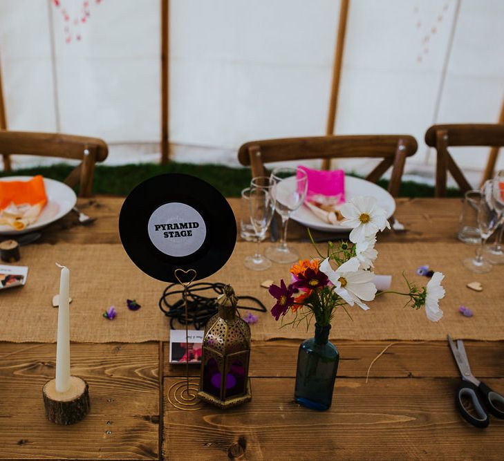 Vinyl Wedding Decor | Brightly Coloured Festival Wedding with Outdoor Humanist Ceremony &amp; Tipi Reception on the Yorkshire Dales | Tim Dunk Photography