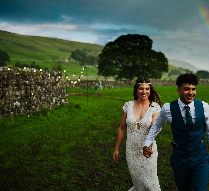 Rainbow | Bride in Daughters of Simone Lace Gown | Groom in Tweed Suit | Brightly Coloured Festival Wedding with Outdoor Humanist Ceremony &amp; Tipi Reception on the Yorkshire Dales | Tim Dunk Photography