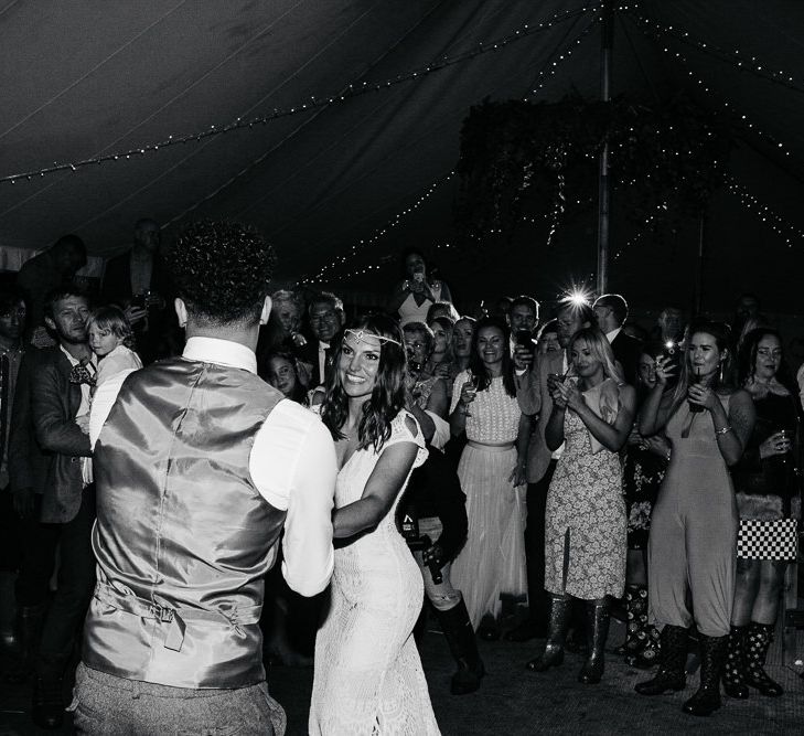 First Dance | Bride in Daughters of Simone Lace Gown | Groom in Tweed Suit | Brightly Coloured Festival Wedding with Outdoor Humanist Ceremony &amp; Tipi Reception on the Yorkshire Dales | Tim Dunk Photography