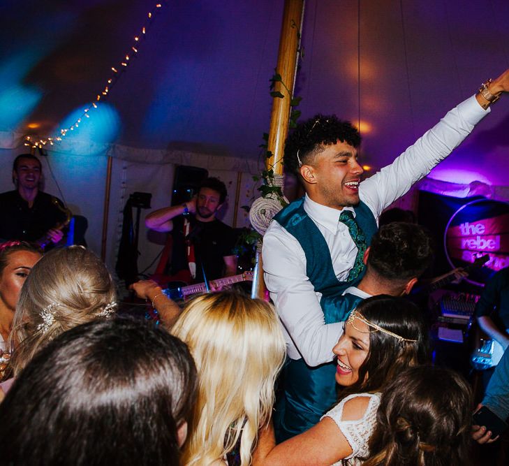 Groom in Tweed Suit | Brightly Coloured Festival Wedding with Outdoor Humanist Ceremony &amp; Tipi Reception on the Yorkshire Dales | Tim Dunk Photography