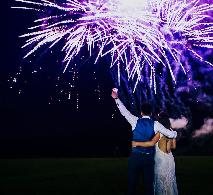 Fireworks Display | Bride in Daughters of Simone Lace Gown | Groom in Tweed Suit | Brightly Coloured Festival Wedding with Outdoor Humanist Ceremony &amp; Tipi Reception on the Yorkshire Dales | Tim Dunk Photography