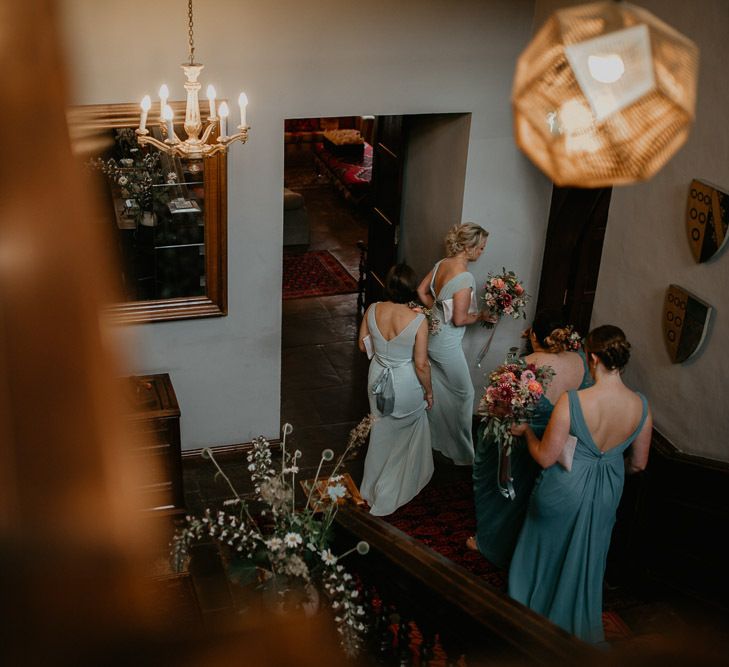 Bridesmaids in Jade Green Dresses Getting Ready