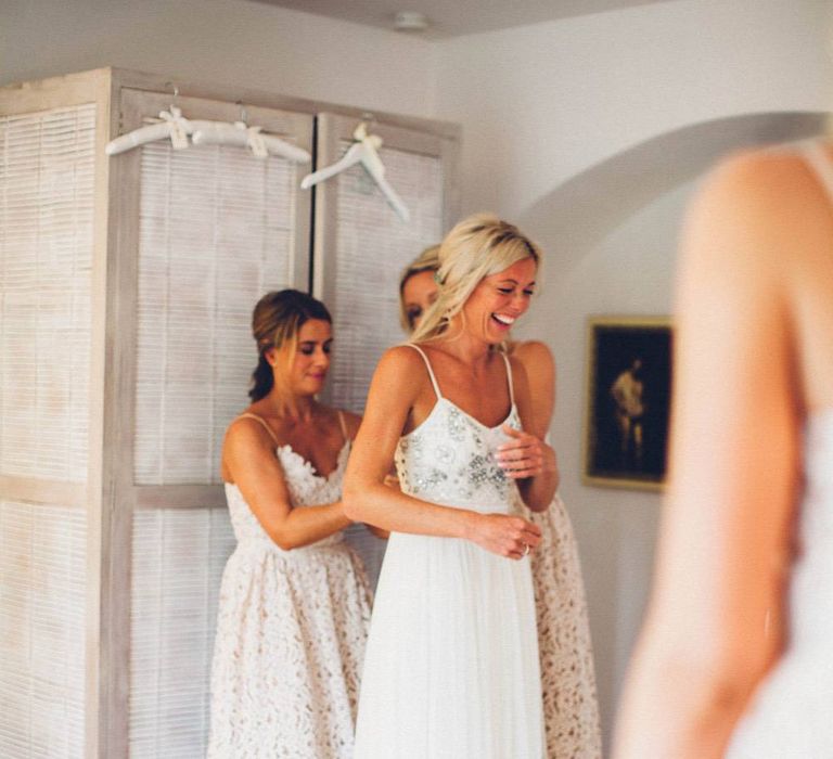 Wedding Morning Bridal Preparations | Bride in Needle &amp; Thread Gown | Bridesmaids in Nude Lace ASOS Dresses | Outdoor Destination Wedding at Le Peit Hameau Wedding Venue Provence, South of France Planned by By Mademoiselle | Lovestruck Photography