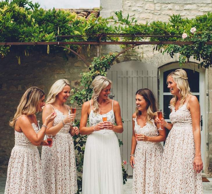 Bridal Party | Bride in Needle &amp; Thread Gown | Bridesmaids in Nude Lace ASOS Dresses | Outdoor Destination Wedding at Le Peit Hameau Wedding Venue Provence, South of France Planned by By Mademoiselle | Lovestruck Photography