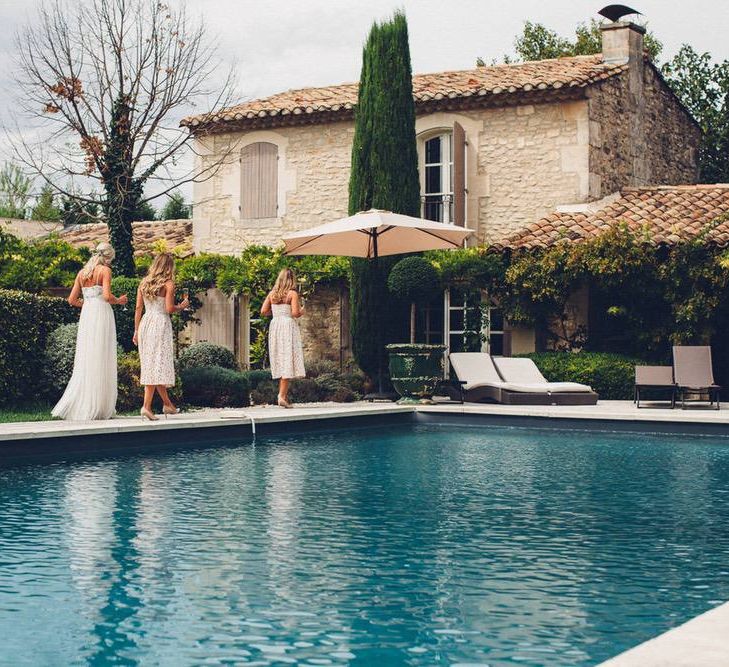 Bridal Party | Bride in Needle &amp; Thread Gown | Bridesmaids in Nude Lace ASOS Dresses | Outdoor Destination Wedding at Le Peit Hameau Wedding Venue Provence, South of France Planned by By Mademoiselle | Lovestruck Photography