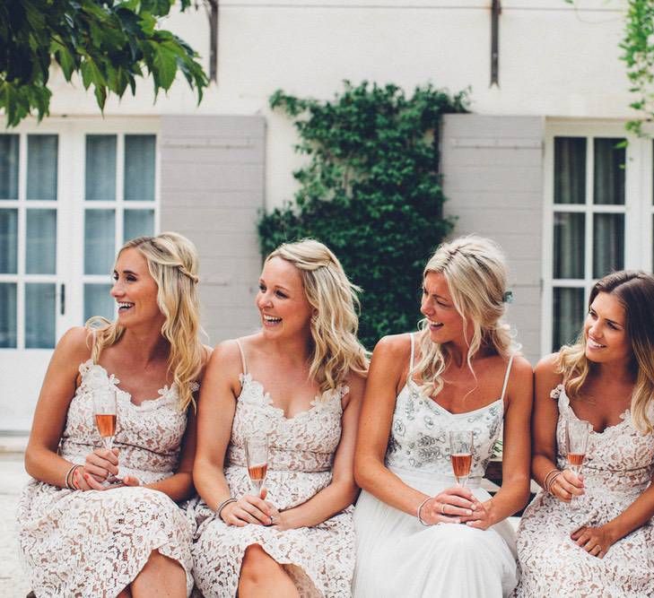 Bridal Party | Bride in Needle &amp; Thread Gown | Bridesmaids in Nude Lace ASOS Dresses | Outdoor Destination Wedding at Le Peit Hameau Wedding Venue Provence, South of France Planned by By Mademoiselle | Lovestruck Photography