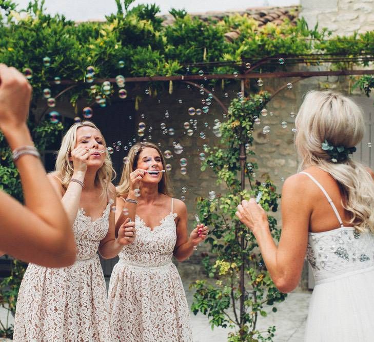 Bridal Party | Bride in Needle &amp; Thread Gown | Bridesmaids in Nude Lace ASOS Dresses | Outdoor Destination Wedding at Le Peit Hameau Wedding Venue Provence, South of France Planned by By Mademoiselle | Lovestruck Photography