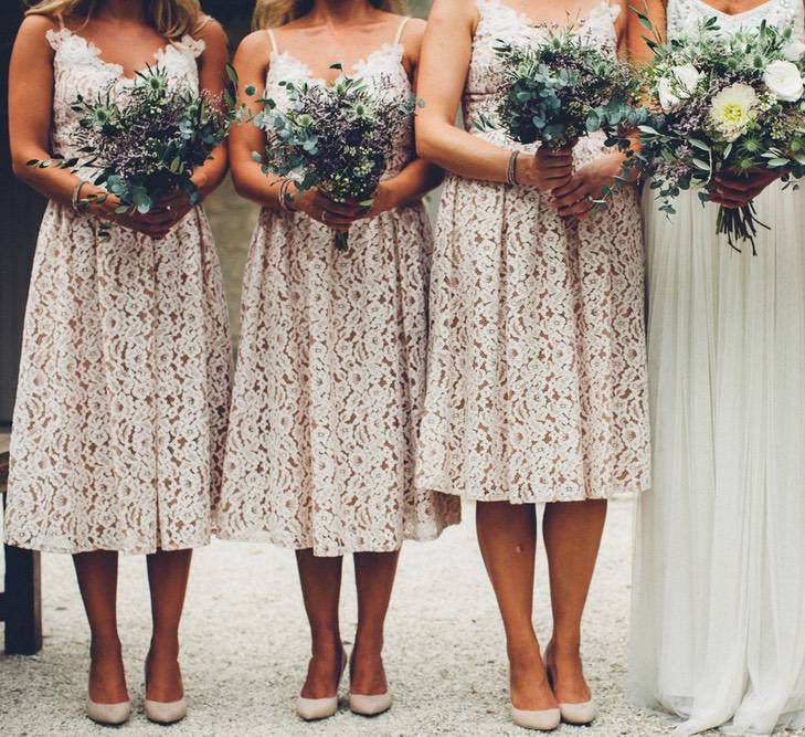 Greenery Wedding Bouquets | Bridal Party | Bride in Needle &amp; Thread Gown | Bridesmaids in Nude Lace ASOS Dresses | Outdoor Destination Wedding at Le Peit Hameau Wedding Venue Provence, South of France Planned by By Mademoiselle | Lovestruck Photography