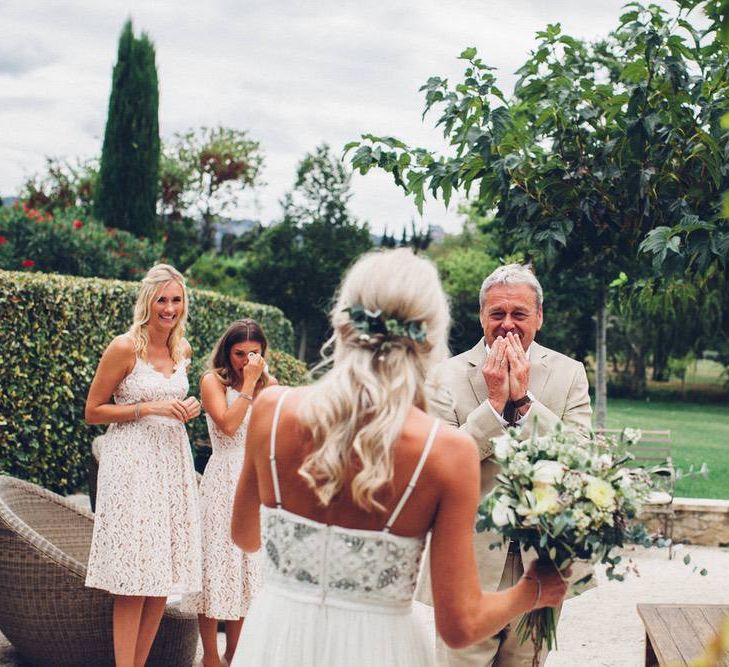 Father of the Bride First Look | Bride in Needle &amp; Thread Wedding Dress | Outdoor Destination Wedding at Le Peit Hameau Wedding Venue Provence, South of France Planned by By Mademoiselle | Lovestruck Photography