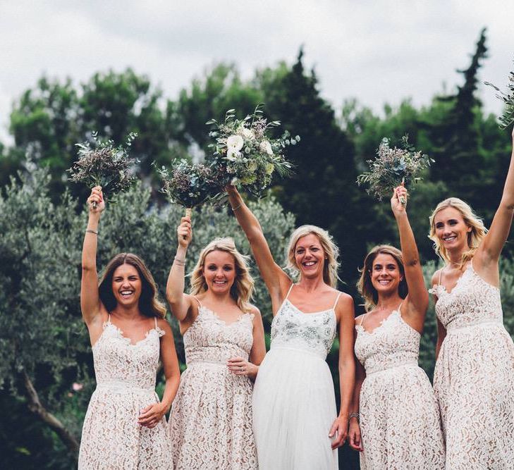 Bridal Party | Bride in Needle &amp; Thread Gown | Bridesmaids in Nude Lace ASOS Dresses | Outdoor Destination Wedding at Le Peit Hameau Wedding Venue Provence, South of France Planned by By Mademoiselle | Lovestruck Photography