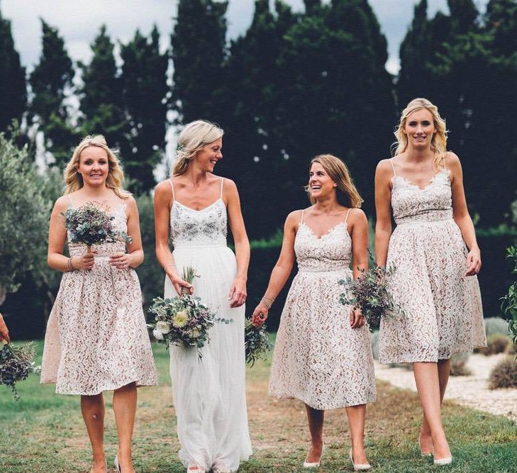 Bridal Party | Bride in Needle &amp; Thread Gown | Bridesmaids in Nude Lace ASOS Dresses | Outdoor Destination Wedding at Le Peit Hameau Wedding Venue Provence, South of France Planned by By Mademoiselle | Lovestruck Photography