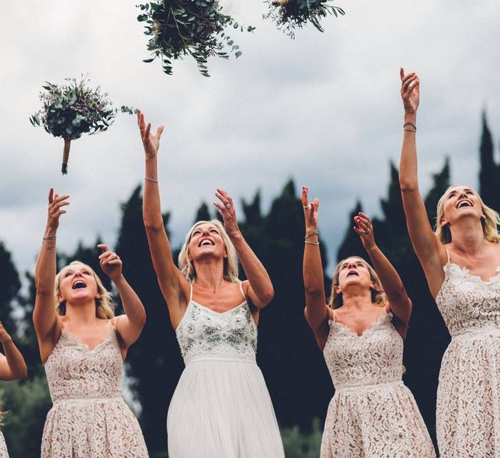 Bridal Party | Bride in Needle &amp; Thread Gown | Bridesmaids in Nude Lace ASOS Dresses | Outdoor Destination Wedding at Le Peit Hameau Wedding Venue Provence, South of France Planned by By Mademoiselle | Lovestruck Photography