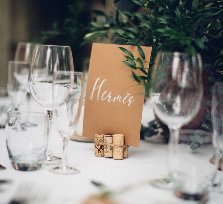 Craft Paper Table Name in Cork Holder | Wedding Decor | Outdoor Destination Wedding at Le Peit Hameau Wedding Venue Provence, South of France Planned by By Mademoiselle | Lovestruck Photography