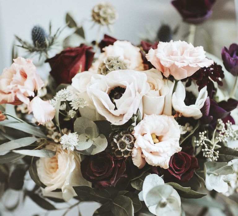 Bridal Bouquet with Burgundy Roses and Anemone Flowers