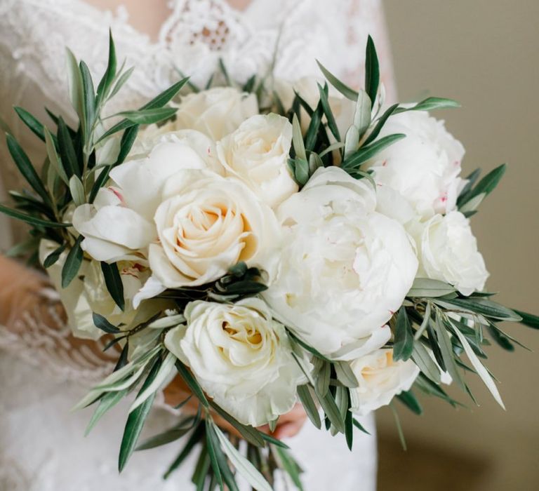 White Rose and Peony Wedding Bouquet with Olive Branches