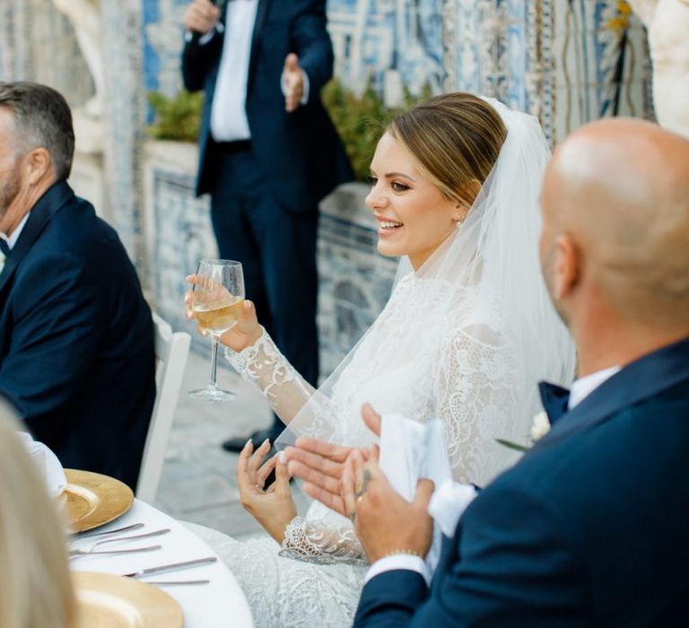 Happy Bride at Wedding Reception Speeches at Palácio Fronteira Lisbon Wedding Venue