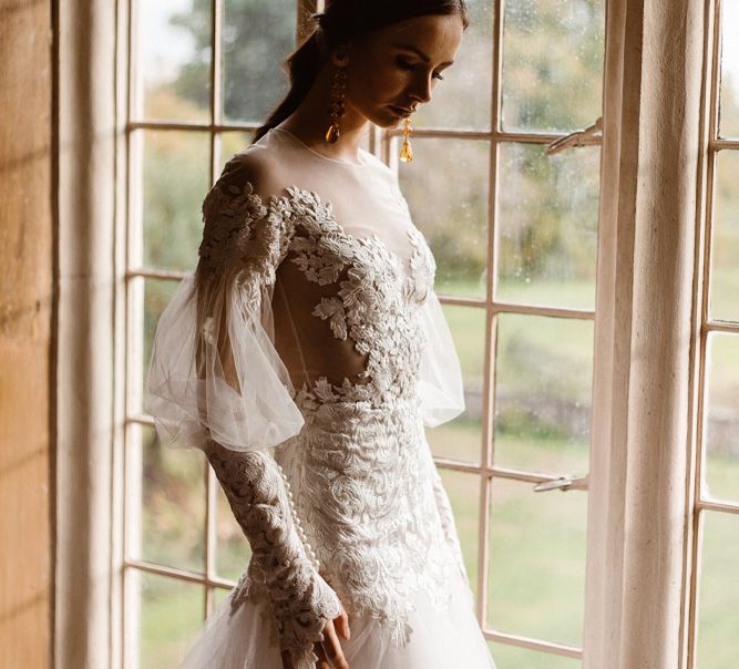 Illusion Lace Fitted Top with Balloon Sleeves, Drop Waist &amp; Tulle Skirt | Emma Beaumont Wedding Dress Collection | Bridal Gowns | Stylish Wedding Dresses | Agnes Black Photography