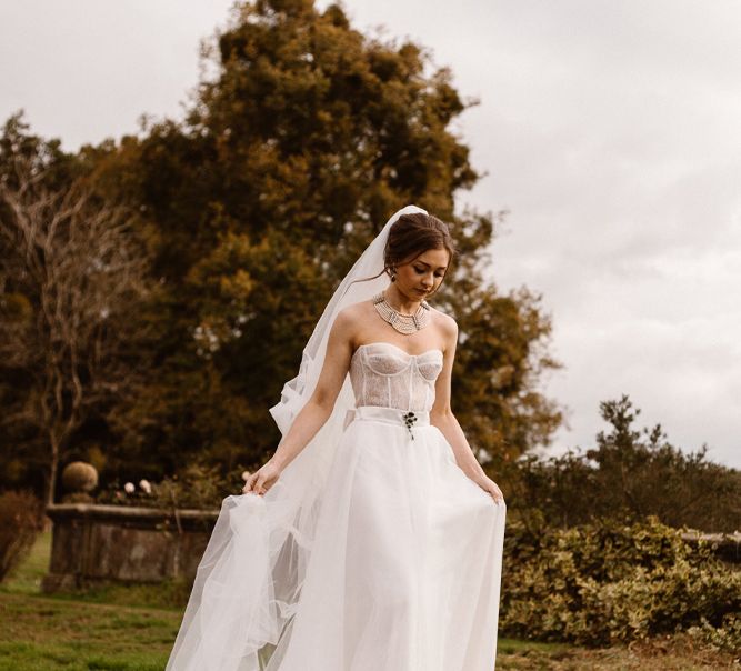 Fitted Corset Style Wedding Dress with Floaty Skirt  | Emma Beaumont Wedding Dress Collection | Bridal Gowns | Stylish Wedding Dresses | Agnes Black Photography