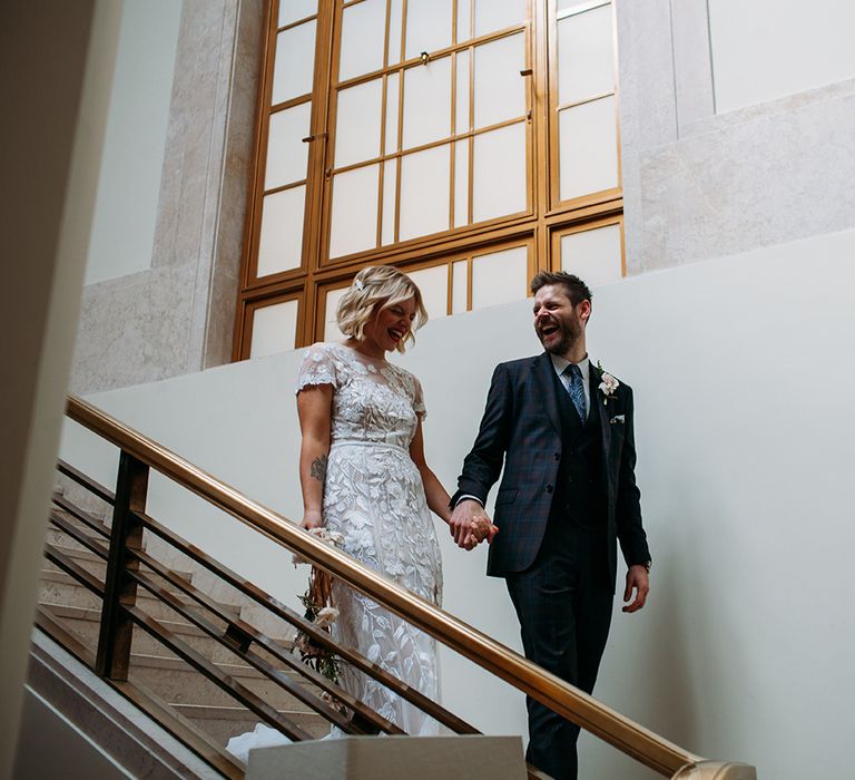 Hackney Town Hall Wedding with Bride in Lace Hermione De Paula Wedding Dress and Groom in Ted Baker Suit