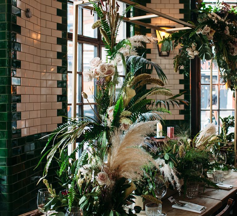 Botanical Wedding Flowers at Singer Tavern with White Roses, Foliage and  Pampas Grass