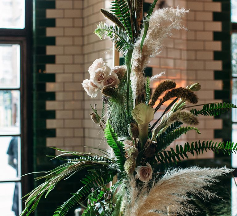 Botanical Wedding Flowers with White Roses, Foliage and Dried Grasses