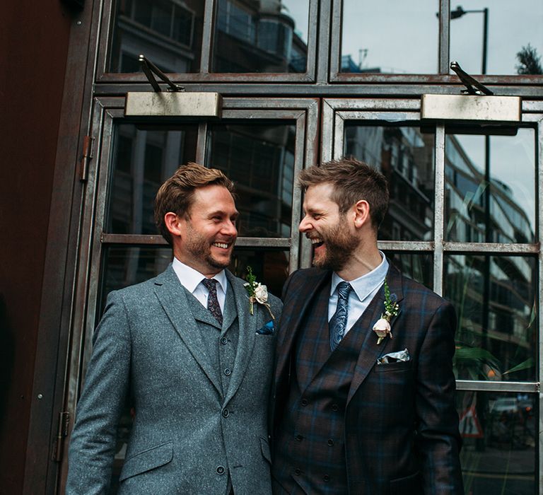 Groom in Check Ted Baker Suit and Best Man in Wool Suit