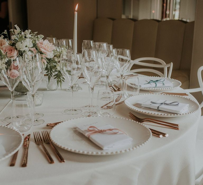 Wedding table decor with blush flowers