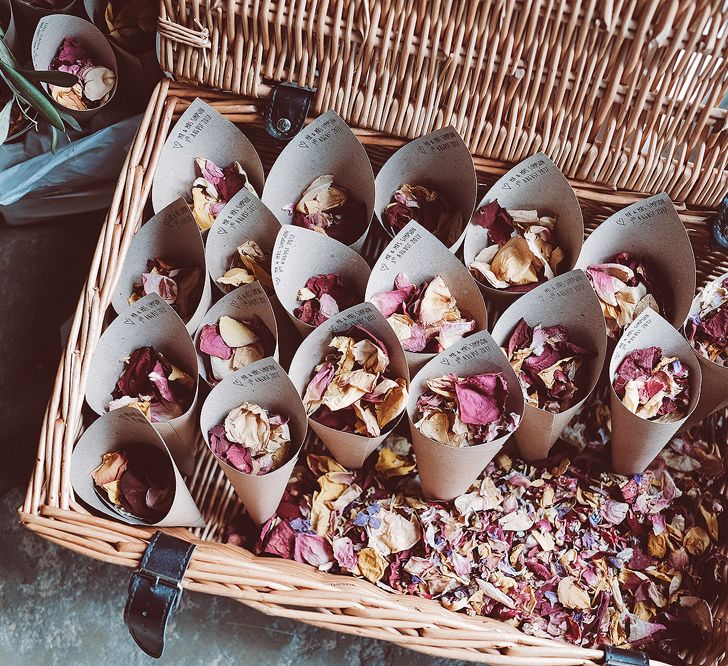 Dried Petal Confetti // Brookfield Barn Wedding Venue With Rustic Styling And Bride In Enzoani With Images From Lemonade Pictures And Film By Kitebox Films