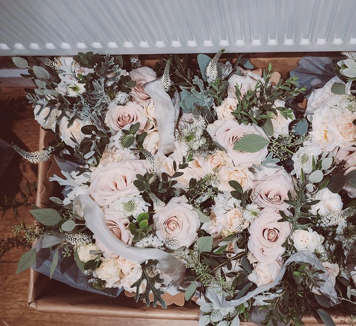 Pink Roses And Sage Green Foliage For Wedding Bouquets // Brookfield Barn Wedding Venue With Rustic Styling And Bride In Enzoani With Images From Lemonade Pictures And Film By Kitebox Films