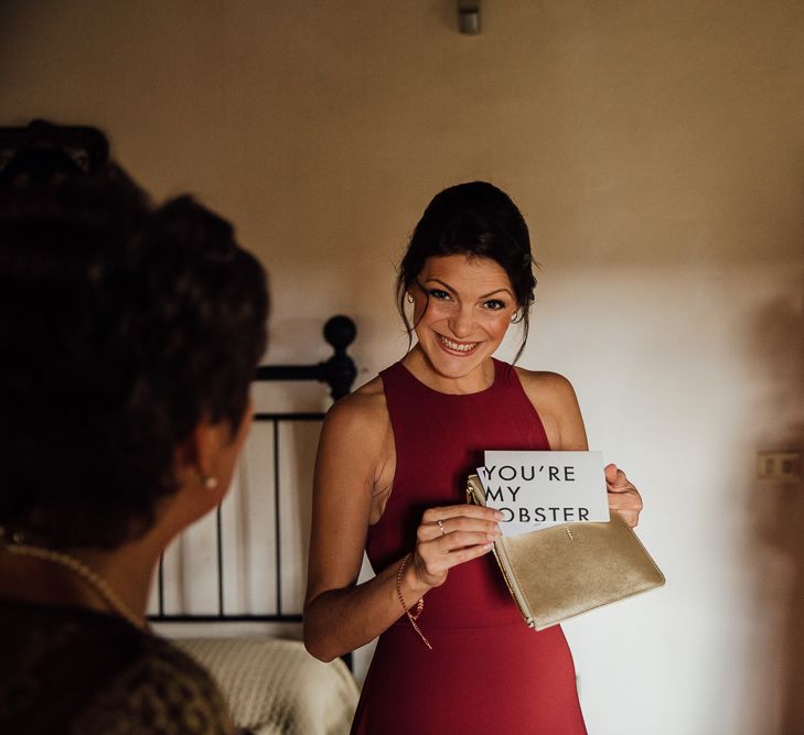 Destination wedding in Italy. Featuring RMW The List recommended suppliers Wiskow &amp; White and Red on Blonde. Rue de Seine wedding gown with deep red chianti bridesmaid Rewritten dresses.