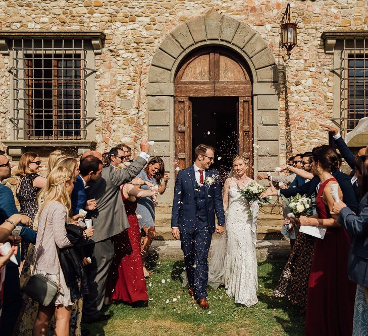 Destination wedding in Italy. Featuring RMW The List recommended suppliers Wiskow &amp; White and Red on Blonde. Rue de Seine wedding gown with deep red chianti bridesmaid Rewritten dresses.