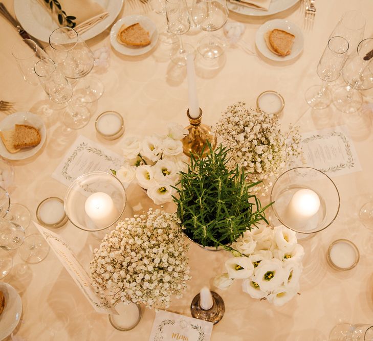 Table Decor, white on white. Destination wedding in Italy. Featuring RMW The List recommended suppliers Wiskow &amp; White and Red on Blonde. Rue de Seine wedding gown with deep red chianti bridesmaid Rewritten dresses.