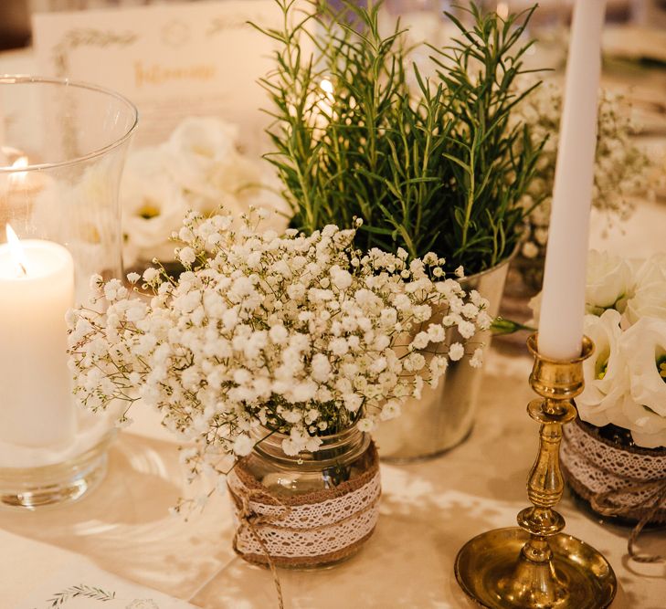 Table Decor, white on white. Destination wedding in Italy. Featuring RMW The List recommended suppliers Wiskow &amp; White and Red on Blonde. Rue de Seine wedding gown with deep red chianti bridesmaid Rewritten dresses.