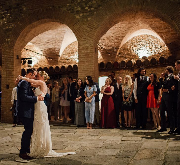 Destination wedding in Italy. Featuring RMW The List recommended suppliers Wiskow &amp; White and Red on Blonde. Rue de Seine wedding gown with deep red chianti bridesmaid Rewritten dresses.