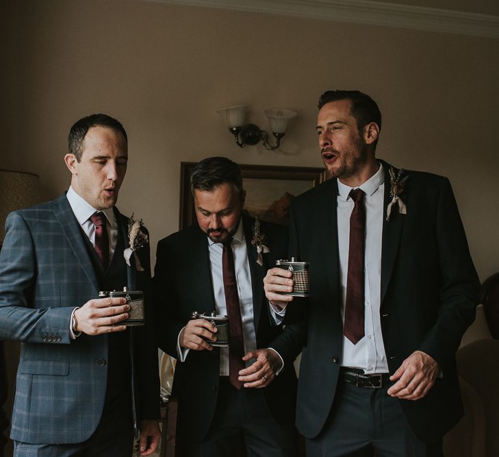 Wedding Morning with Groomsmen Drinking from Hip Flasks