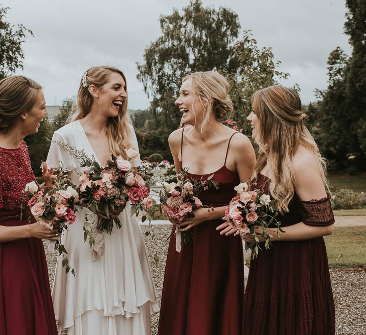 Bride in Tiered Houghton NYC Wedding Dress and Bridesmaids in Burgundy ASOS Dresses