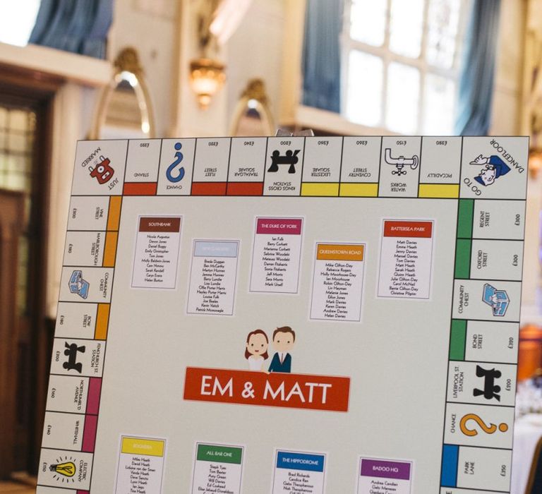 Personalised Monopoly style table plan at London reception