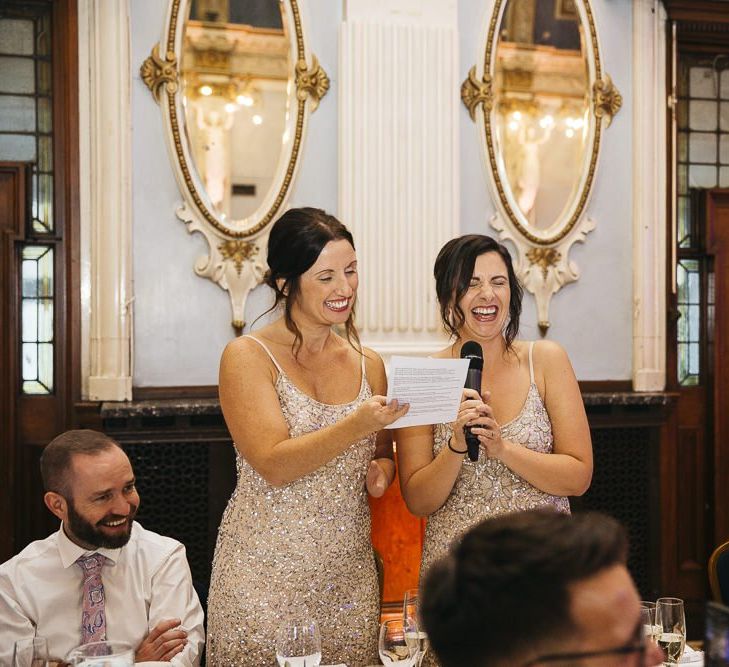 Bridesmaids wearing embellished dresses at London reception